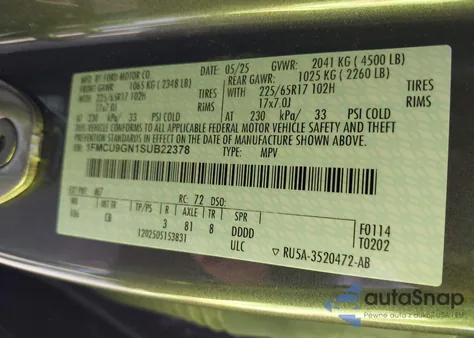 2025 Ford Escape Active из США, поврежденный, VIN 1FMCU9GN1SUB22378